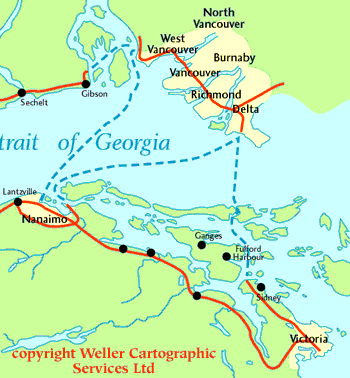 MAP showing City of Nanaimo and BC Ferry routes to Vancouver, Victoria and Sun Shine Coast of BC, Canada