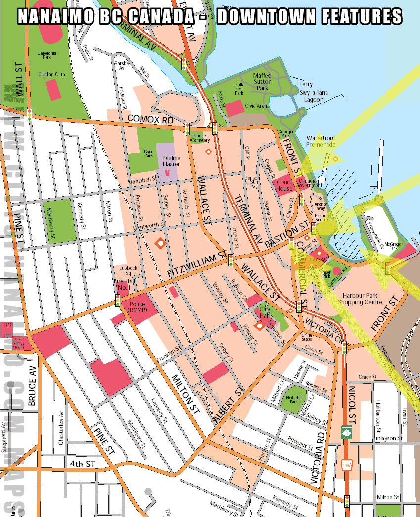 Downtown Nanaimo street map with block by block street -road names  produced by cartographer A. Weller shows LAW COURTS, HOTELS, HARBOR, Modern Cafee