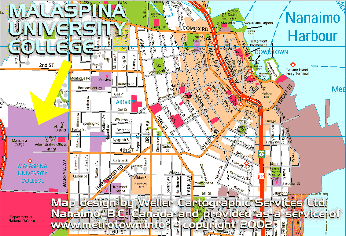 Map to locate Malaspina university-college in city of Nanaimo, BC